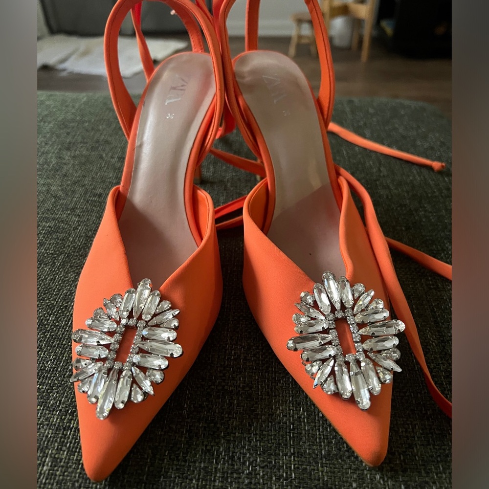 ZARA Embellished Orange Strappy Heels. European Size 36 US Size 6.